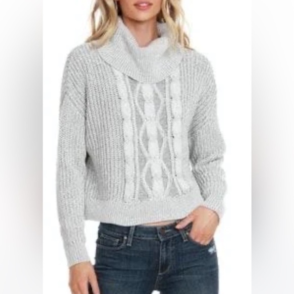 Bobi Black~NWT~Cozy Cotton Turtleneck~Waist Cropped Sweater~Ivory/Gray~Size M - Picture 1 of 16